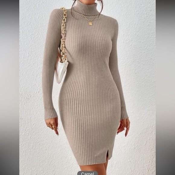 Dresses & Skirts - Tan ribbed knit long sleeve turtleneck sweater dress